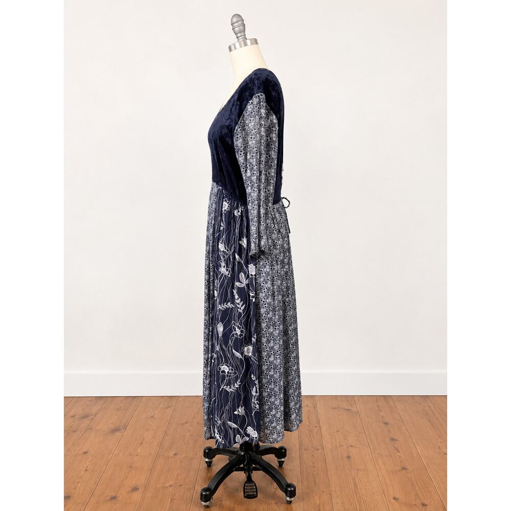 Vintage 1990s M.P.H. Black Velvet Patchwork Midi Dress Whimsigoth Boho Corset - Picture 4 of 10